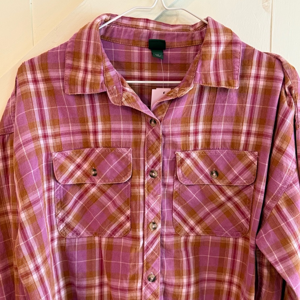 Wild Fable Women's Long Sleeve Cropped Button-Down Shirt Pink Plaid Small NWT - Picture 2 of 9